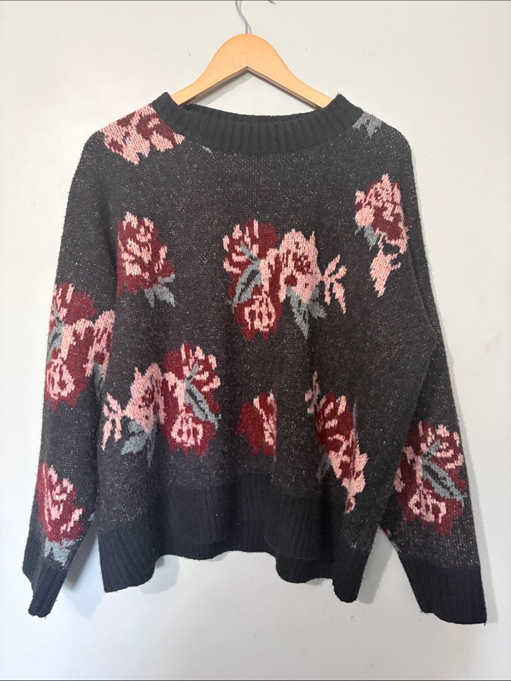 Ricki's Charcoal Crewneck Sweater with Pink & Red Floral Knit